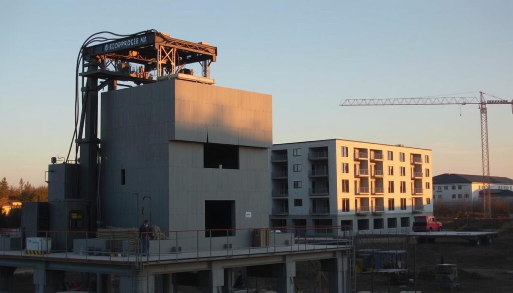 3D printing construction site, with a massive industrial 3D printer extruding layers of concrete to build a large, modern residential structure. The printer is situated on a raised platform, surrounded by construction workers and equipment. In the background, a partially completed building stands, casting long shadows in the warm, golden-hour lighting. The scene conveys a sense of technological innovation and progress in the construction industry, with the 3D printer representing the future of sustainable, efficient building practices.