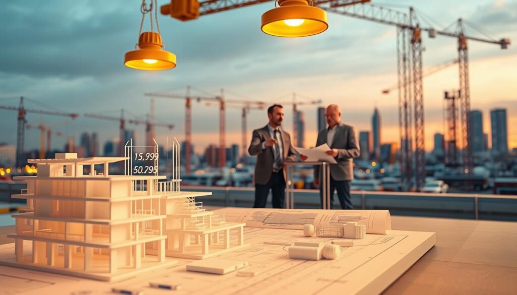 3D render of a construction site with a focus on cost management, showcasing a team of civil engineers examining blueprints and financial reports under the warm glow of overhead lights. In the foreground, a detailed 3D model of a construction project with cost estimates and budgeting figures hovering above. In the middle ground, the engineers stand around a table, pointing and discussing strategies to optimize resources and minimize expenses. The background features a cityscape with cranes and scaffolding, representing the broader context of the civil engineering project. The scene conveys a sense of precision, collaboration, and the importance of effective cost management in complex construction endeavors.