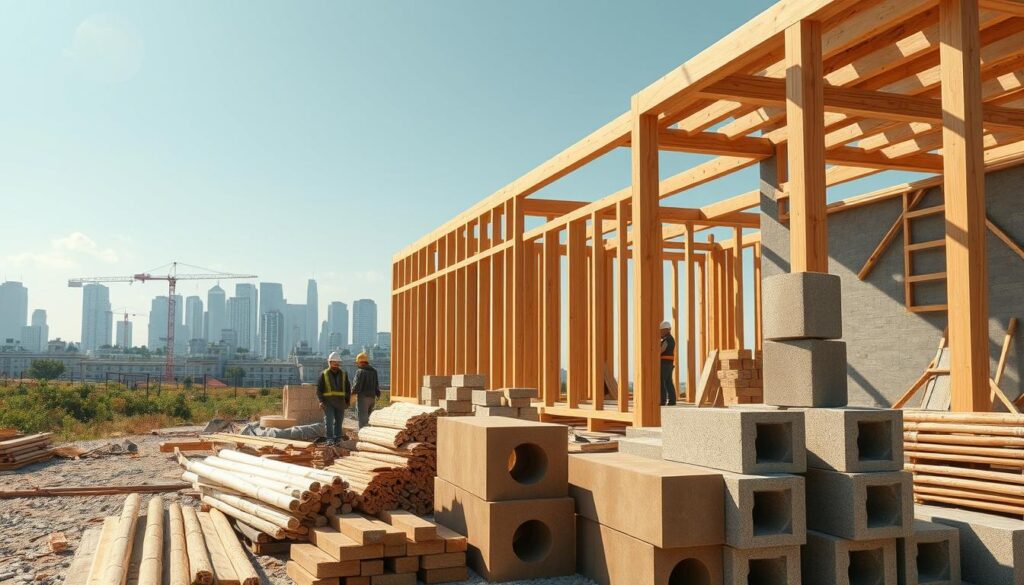 3D rendering of a modern, eco-friendly construction site with a focus on sustainable building materials. In the foreground, an array of natural, renewable materials such as bamboo, reclaimed wood, and hemp concrete blocks. In the middle ground, workers assembling a timber-framed structure using hand tools. In the background, a skyline of high-performance, energy-efficient buildings with green roofs and solar panels. Warm, natural lighting illuminates the scene, conveying a sense of harmony between human activity and the environment. The overall atmosphere is one of innovation, sustainability, and a commitment to a greener future in the construction industry.
