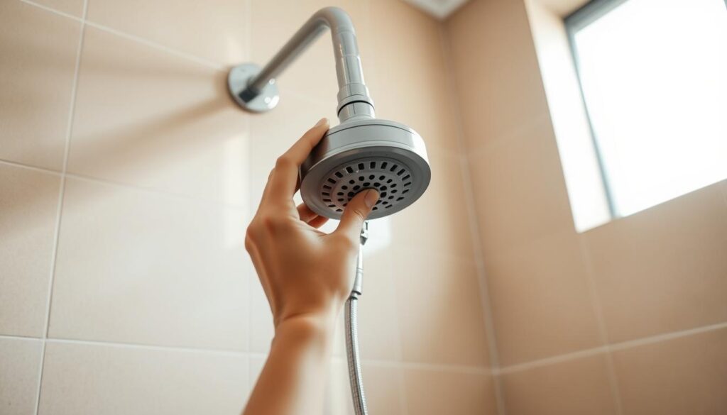 A bathroom interior with a modern, minimalist design. A person's hands carefully unscrewing an old showerhead, revealing the exposed pipe underneath. Bright, natural lighting filters in through a window, casting soft shadows. The bathroom tiles are a neutral, earthy tone, providing a clean, serene backdrop. The person's movements are precise, suggesting the routine nature of this plumbing task. The overall atmosphere is one of calm, focused efficiency - a straightforward, practical solution to a common household issue.