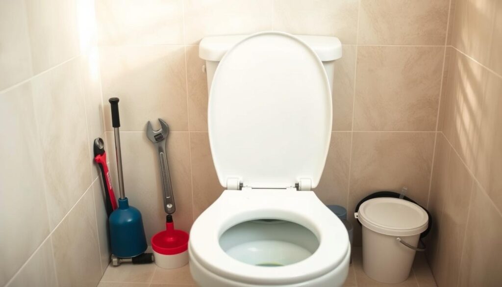 A bathroom interior with a simple, white porcelain toilet at the center. The toilet is slightly angled, revealing its inner workings and mechanical components. Surrounding the toilet, various plumbing tools and supplies are neatly arranged, including a plunger, adjustable wrench, plumber's snake, and a small bucket of water. The lighting is soft and natural, illuminating the scene with a warm, inviting glow. The background is a neutral, minimalist tile wall, emphasizing the focus on the toilet and the plumbing elements. The overall composition conveys a sense of helpfulness and approachability, perfect for illustrating a "Simple Toilet Repairs" guide for beginners.