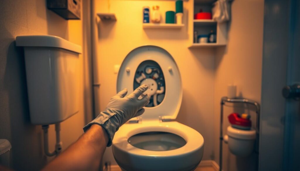 A bathroom interior with warm, natural lighting illuminating a running toilet, the tank lid open, exposing the inner mechanisms. In the foreground, a pair of hands, gloved and focused, gently inspecting the components. The middle ground showcases the toilet bowl, the water level slightly higher than normal, indicating the issue. In the background, shelves holding essential plumbing tools and supplies, suggesting a DIY repair setting. The overall atmosphere conveys a sense of concentration and problem-solving, with a touch of determination to fix the problem at hand.