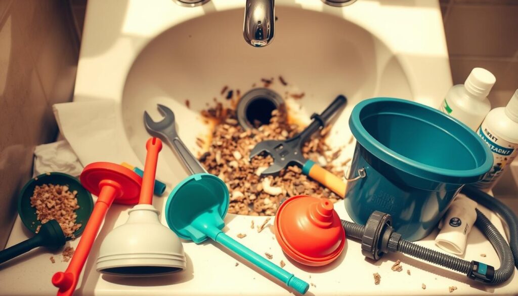A bathroom sink partially clogged with debris, surrounded by various plumbing tools and supplies. In the foreground, a set of plungers, a bucket, and a sink plunger lay ready to assist in the unclogging process. The middle ground features a wrench, a drain snake, and a bottle of drain cleaner, while the background showcases the sink itself, slightly obstructed by the clutter. The lighting is a warm, natural tone, casting gentle shadows and highlighting the textures of the materials. The scene conveys a sense of practical problem-solving, with the tools and supplies suggesting a methodical approach to addressing the clogged sink issue.