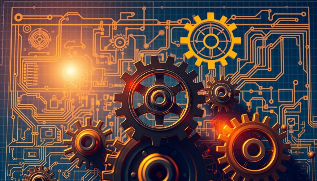A blueprint of interlocking gears and circuits, representing the interconnected nature of systems thinking in engineering. The scene is bathed in a warm, golden light, conveying a sense of clarity and revelation. In the foreground, a central gear mechanism symbolizes the core principles, while in the middle ground, various electronic components and data visualizations illustrate the analytical processes. The background features a stylized engineering diagram, with clean lines and geometric shapes, creating a sense of order and structure. The overall composition suggests the harmony and balance inherent in a systems-based approach to problem-solving.