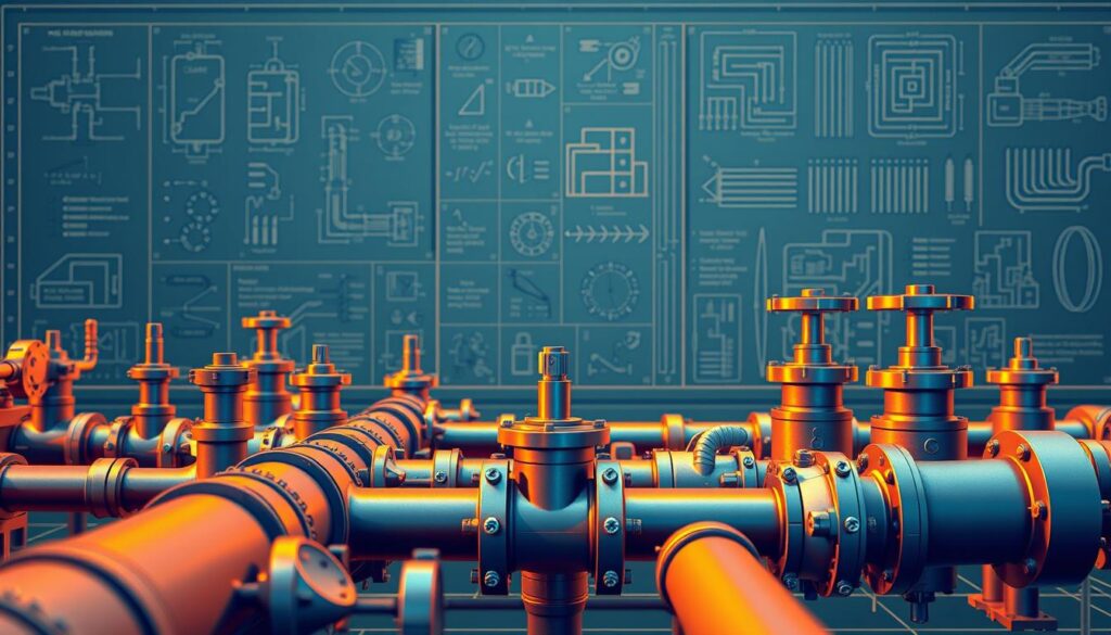 A blueprint schematic of a multi-stage pipeline design process. The foreground depicts intricate piping, valves, and flanges in a precise, technical arrangement. The middle ground showcases 3D rendered models of various pipeline components, conveying the engineering complexity. In the background, technical diagrams, equations, and CAD schematics create a sense of thoughtful planning and systematic problem-solving. Warm lighting casts a soft glow, highlighting the metallic surfaces and conveying a sense of focus and dedication to the engineering task at hand. The overall atmosphere is one of meticulous attention to detail, rigorous analysis, and a commitment to creating a functional, efficient pipeline system.