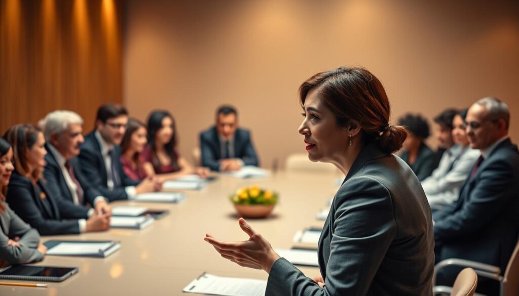 A boardroom table surrounded by executives and managers, engaged in a lively discussion. The foreground features a professional woman in a power suit, gesturing emphatically as she explains her perspective. The middle ground showcases a diverse group of stakeholders, their facial expressions indicating attentiveness and consideration. The background is softly blurred, emphasizing the focus on the central conversation. Warm, directional lighting casts a subtle glow, creating a mood of collaboration and decision-making. The scene conveys the essence of effective stakeholder management in a professional, high-stakes environment.