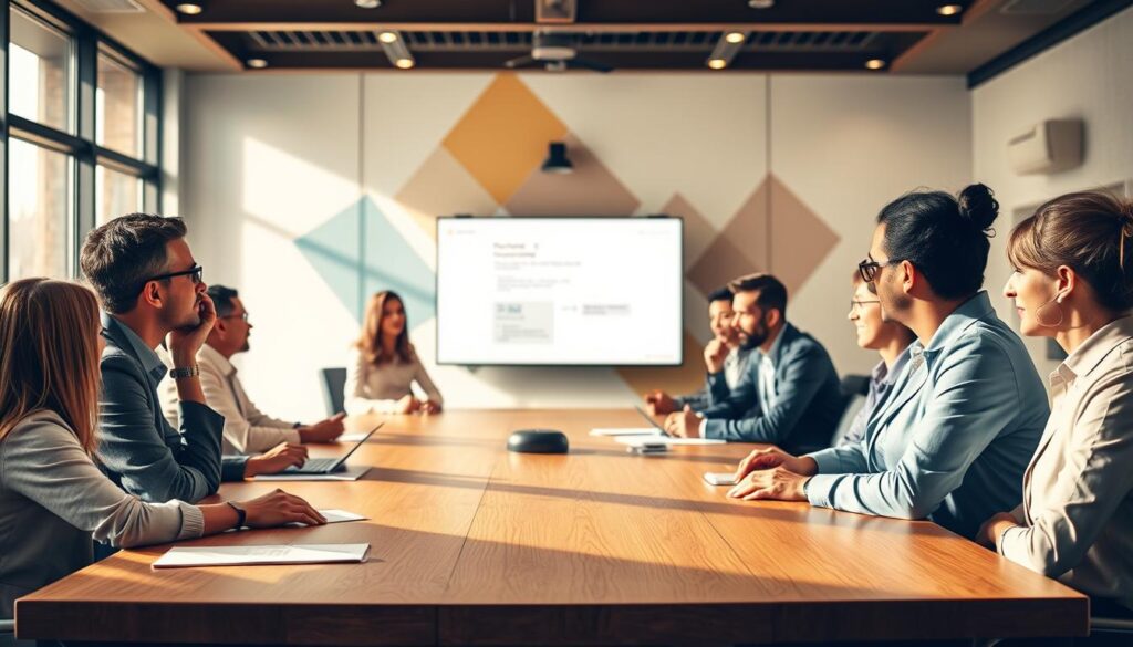 A boardroom with an expansive wooden table, illuminated by warm, natural lighting streaming through large windows. In the foreground, a diverse group of professionals engaged in lively discussion, their body language and facial expressions conveying active listening and clear communication. In the middle ground, a digital presentation screen displays key points, supplementing the verbal exchange. The background features abstract geometric shapes and patterns, symbolizing the structured yet dynamic nature of effective communication skills.