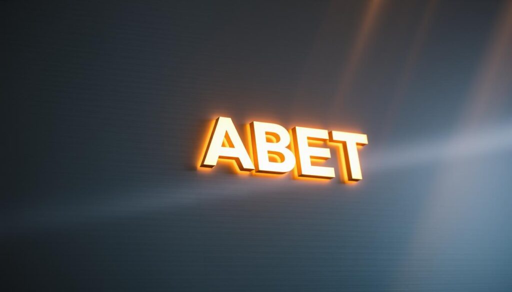 A bold, authoritative ABET logo emblazoned on a sleek, brushed metal surface, casting a subtle reflection. The logo is illuminated by warm, focused lighting, creating a sense of prestige and significance. In the background, a gradient of muted blues and grays conveys a sense of professionalism and technical expertise. The composition is balanced, with the ABET logo occupying the center of the frame, commanding attention. The overall aesthetic evokes the rigor, credibility, and high standards associated with ABET accreditation in engineering education.