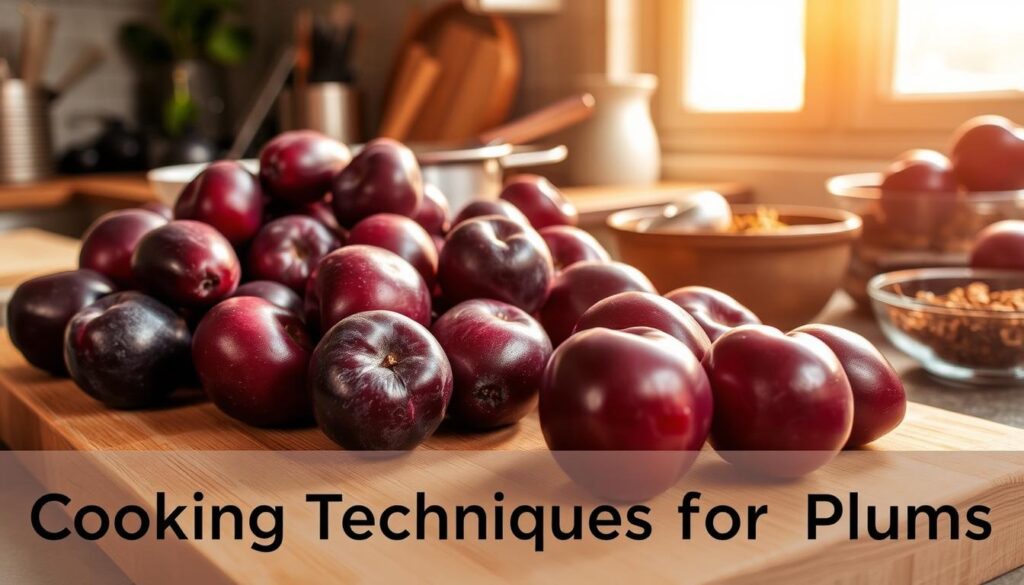 A bountiful arrangement of freshly harvested plums, their deep purple skins glistening under the warm, golden light of a rustic kitchen. In the foreground, a wooden cutting board serves as the stage, where plump plums await skilled hands to transform them into a culinary delight. The middle ground features a mix of kitchen tools - a sharp chef's knife, a saucepan, and a bowl filled with fragrant spices, hinting at the flavorful journey to come. In the background, a hazy window filters in soft, natural light, casting a serene ambiance over the scene. This image captures the essence of the "Cooking Techniques for Plums" section, inviting the viewer to explore the versatility and joy of working with this versatile fruit.