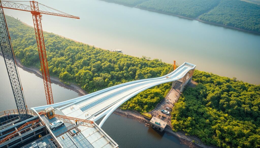 A breathtaking aerial view of a modern, sustainable bridge under construction, showcasing innovative engineering practices. In the foreground, workers diligently assemble the bridge's structural elements, utilizing eco-friendly materials and renewable energy sources. The middle ground features the bridge's sleek, curved design, seamlessly blending with the surrounding landscape. In the background, a lush, verdant riverbank serves as a serene backdrop, underscoring the project's commitment to environmental harmony. Soft, diffused lighting casts a warm, golden glow, lending an air of tranquility to the scene. The camera's high vantage point captures the scale and grandeur of the endeavor, highlighting the meticulous attention to detail and the harmonious integration of form and function.