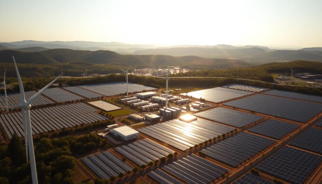 A breathtaking aerial view of a sprawling eco-friendly infrastructure project, bathed in warm golden sunlight. In the foreground, sleek wind turbines stand tall, their blades gracefully slicing through the air. Beneath them, a vast solar farm stretches out, its rows of panels shimmering in the sun. In the middle ground, a network of modern, energy-efficient buildings and facilities are seamlessly integrated into the landscape, their architectural design reflecting a harmonious blend of technology and nature. In the distance, lush green hills and forests frame the scene, suggesting a thriving, sustainable ecosystem. The overall composition conveys a sense of progress, innovation, and a deep commitment to renewable energy and environmental stewardship.