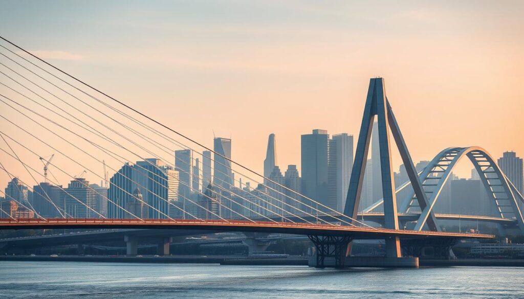 A breathtaking panorama of modern bridge projects, capturing the elegant curves and striking silhouettes against a backdrop of a vibrant urban skyline. In the foreground, a sleek suspension bridge with glistening steel cables and graceful arches spanning a vast expanse. In the midground, a futuristic cable-stayed bridge with its distinctive geometric pylon design, its polished concrete and steel gleaming in the soft, warm light. In the distance, a towering arch bridge with a distinctive profile, its weathered concrete and steel structure rising majestically against a hazy, atmospheric sky. The overall scene exudes a sense of engineering prowess, architectural innovation, and the relentless pursuit of modern design.