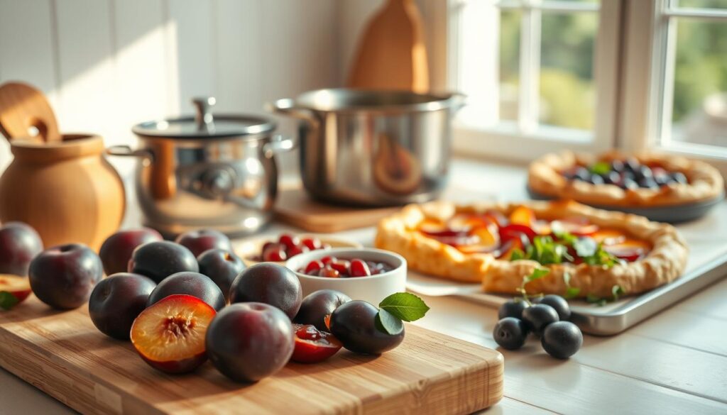 A bright, airy kitchen scene featuring an assortment of plum-based recipes and dishes. In the foreground, a wooden cutting board displays sliced plums, a plum tart, and a bowl of plum compote. Middle ground showcases a simmering pot of plum jam, alongside a fresh plum salad garnished with micro greens. In the background, a plum galette rests on a baking sheet, its flaky crust glistening. Warm, soft lighting from a large window illuminates the scene, casting a cozy, inviting atmosphere. The composition emphasizes the vibrant colors and textures of the plum-inspired culinary creations, inspiring the viewer to explore the versatility of this seasonal fruit.