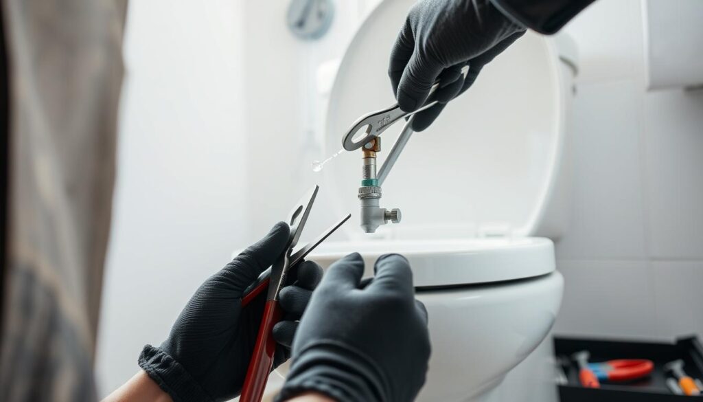 A bright and well-lit bathroom interior, with a closeup view of a person's hands working on a leaking toilet tank. The person is wearing protective gloves and using tools like pliers, a wrench, and a screwdriver to disassemble the tank and inspect the components. The focus is on the hands and the tank, with the rest of the bathroom blurred in the background, creating a sense of detailed action and problem-solving. The overall atmosphere is one of focused, competent DIY repair, with a clean and organized toolkit visible nearby.