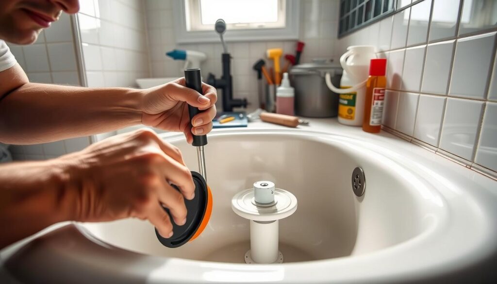 A bright, well-lit bathroom scene. In the foreground, a person's hands carefully clearing a clogged drain using a plunger, their expression focused and determined. The drain is partially obscured by a white porcelain sink, with a pipe visible below. In the middle ground, various plumbing tools and supplies are neatly arranged on the counter, including a wrench, a bucket, and a bottle of drain cleaner. The background features tiled walls and a mirror, creating a clean, organized atmosphere. The lighting is natural, streaming in through a window, illuminating the scene and highlighting the task at hand.