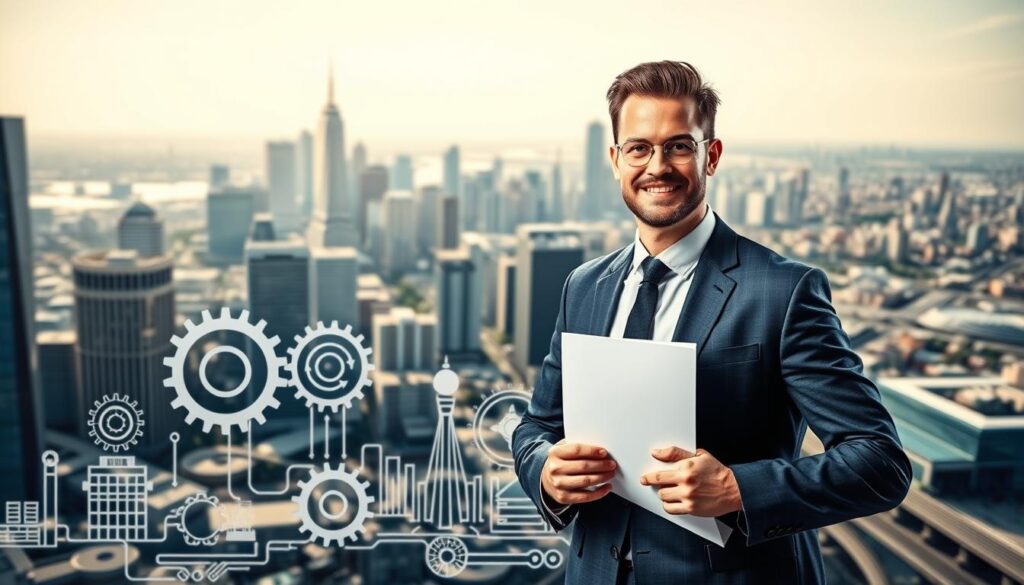 A brightly lit, meticulously detailed scene showcasing the benefits of graduate engineer registration. In the foreground, a confident engineer in a crisp, tailored suit stands proudly, holding official documents and a professional seal. The middle ground features an array of engineering symbols, including cogwheels, circuit boards, and architectural blueprints, all rendered in a sleek, high-tech style. The background is a panoramic cityscape, with gleaming skyscrapers and bustling infrastructure, conveying the engineer's vital role in shaping the modern world. The lighting is clean and directional, casting dramatic shadows and highlighting the subject's professionalism and technical expertise. The overall mood is one of achievement, prestige, and the power of professional engineering certification.