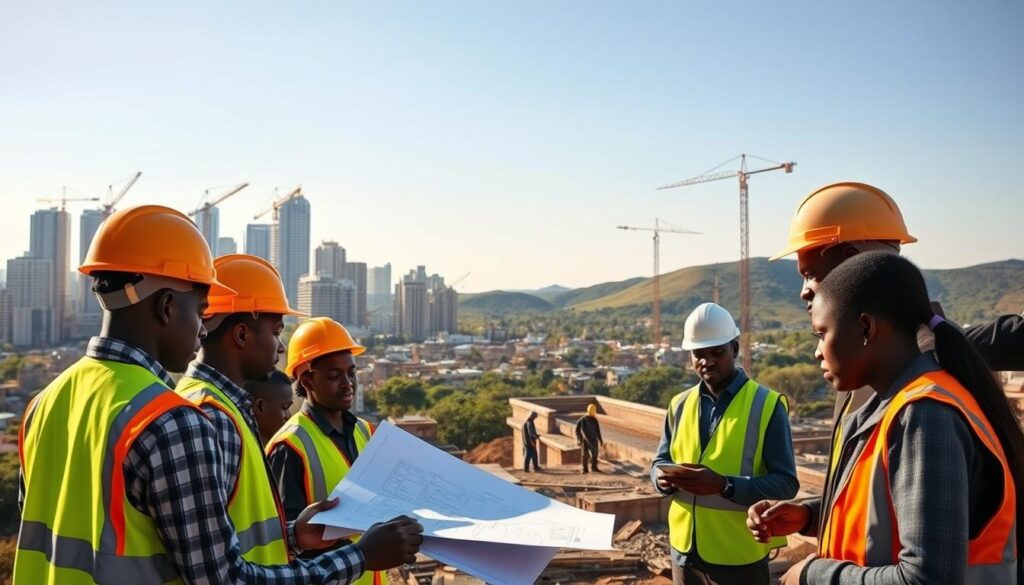 A bustling African city skyline, with modern high-rise buildings and cranes dotting the horizon. In the foreground, a group of civil engineering students in hard hats and reflective vests, poring over blueprints and discussing plans for an infrastructure project. The scene is bathed in warm, golden light, conveying a sense of productivity and collaboration. In the middle ground, a construction site comes into view, where local workers toil alongside the students, gaining hands-on experience. The background features lush, verdant hills and a clear, azure sky, creating a harmonious blend of urban and natural elements.