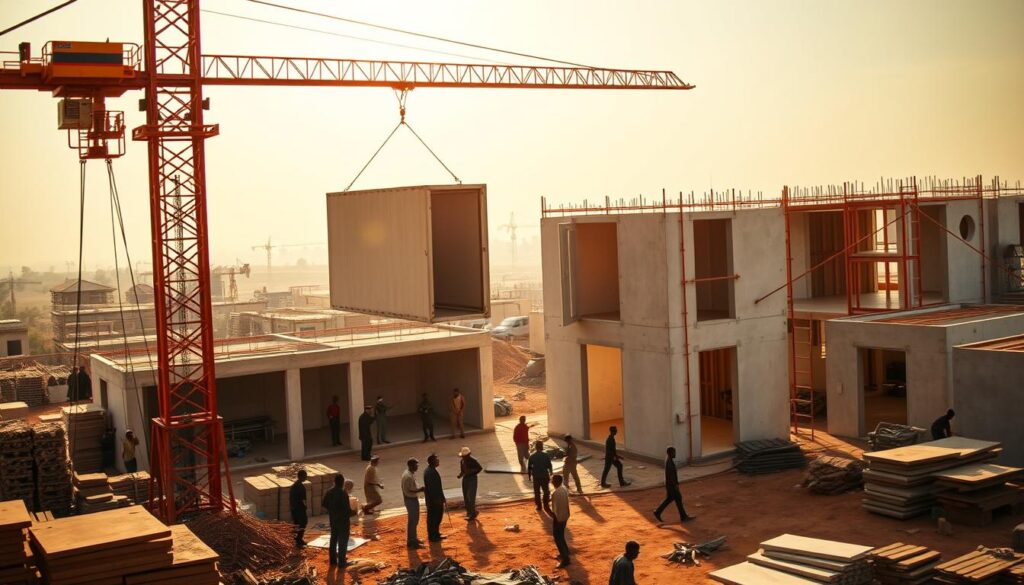 A bustling African construction site, with skilled workers assembling prefabricated building components. In the foreground, large modular panels are being hoisted into place by a tower crane, its operator carefully maneuvering the load. In the middle ground, teams of laborers work together to fit the panels, creating the framework of a new structure. The background is filled with piles of building materials, tools, and the silhouettes of other partially completed structures. Warm, golden sunlight filters through the scene, casting long shadows and a sense of industrious activity. The overall atmosphere conveys efficiency, innovation, and the economic potential of these cost-saving prefabrication techniques.