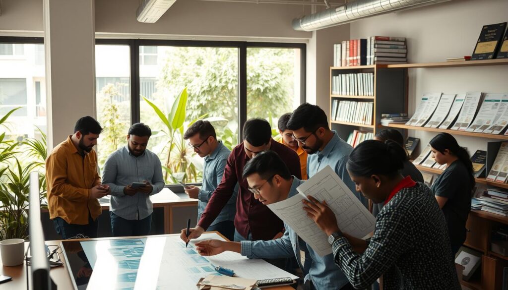 A bustling NGO office, filled with a diverse team of engineers collaborating on innovative solutions. In the foreground, a team huddles around a large touchscreen, brainstorming designs for a solar-powered water filtration system. Nearby, an engineer meticulously sketches blueprints, while another fine-tunes a 3D-printed prototype. In the middle ground, a floor-to-ceiling window offers a view of a lush, urban garden, symbolizing the organization's commitment to sustainability. Soft, natural lighting filters in, creating a warm, inviting atmosphere. In the background, shelves brimming with technical manuals and awards hint at the NGO's history of impactful engineering initiatives.