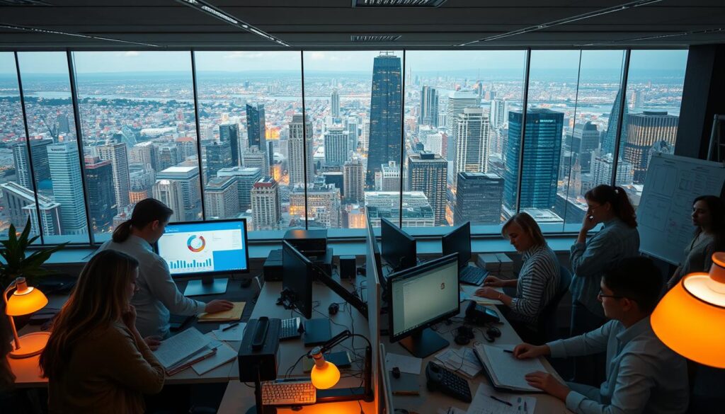 A bustling NGO office overlooking a vibrant city skyline. In the foreground, a team of professionals collaborate on policy documents and advocacy materials, their faces lit by the warm glow of desk lamps. The middle ground features an array of high-tech communication equipment, monitors displaying data visualizations, and whiteboards covered in strategic notes. In the background, the city's modern architecture stretches out, a symbol of the broader impact the NGO's work aims to achieve. Soft, diffused lighting casts a contemplative atmosphere, suggesting the gravity and importance of the NGO's mission to empower change through effective policy and advocacy.