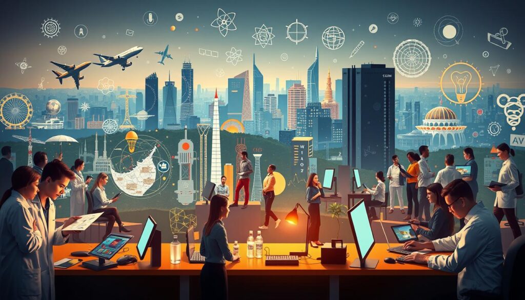 A bustling STEM career landscape, illuminated by a warm, inviting ambiance. In the foreground, diverse professionals engaged in dynamic, technology-driven tasks - engineers drafting intricate schematics, scientists peering through microscopes, and programmers coding at sleek workstations. The middle ground showcases a range of STEM disciplines, from aerospace structures to medical innovations, each represented by iconic symbols. In the background, a cityscape of towering skyscrapers and research facilities, suggesting the vast opportunities and possibilities within the STEM field. The scene conveys a sense of excitement, innovation, and the rewarding pathways available to those who pursue STEM careers.
