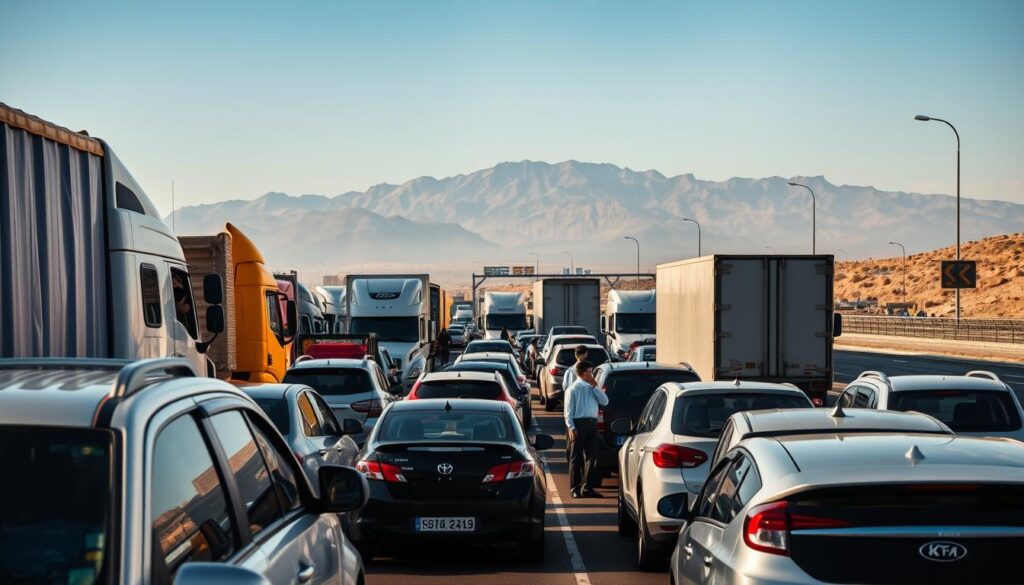 A bustling border crossing, vehicles of all shapes and sizes queuing under the warm sun, their occupants eager to traverse the invisible line dividing nations. In the foreground, a tangle of semi-trucks and compact cars, their drivers leaning out of windows, engaging in animated discussions. The middle ground reveals customs officials in crisp uniforms, carefully examining documents and waving vehicles through the checkpoint. In the distance, a towering mountain range serves as a dramatic backdrop, its peaks casting long shadows across the scene. The atmosphere is one of anticipation and bureaucratic complexity, capturing the inherent challenges of cross-border transportation.