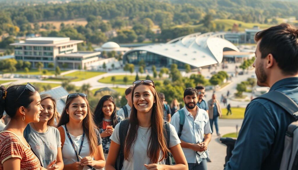 A bustling campus scene of leading civil engineering colleges, catering to international students. In the foreground, a diverse group of students engaged in animated discussions, their faces reflecting a sense of opportunity and optimism. In the middle ground, state-of-the-art academic buildings with cutting-edge facilities stand as symbols of excellence. The background showcases verdant landscapes, tranquil walkways, and modern transportation hubs, hinting at the vibrant post-graduation work opportunities awaiting these global learners. Warm, natural lighting bathes the scene, creating an inviting atmosphere that captures the spirit of academic achievement and global collaboration.