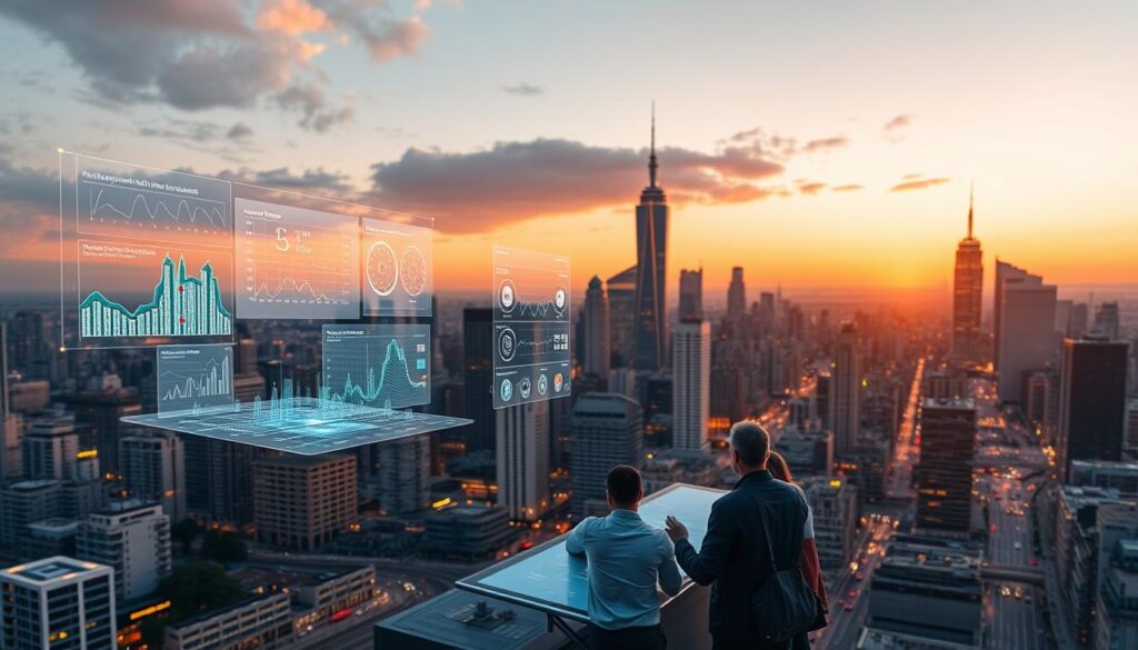 A bustling city skyline at dusk, illuminated by warm, golden light. In the foreground, a series of interactive data visualizations and dashboards float holographically, showcasing insights on urban development, transportation patterns, and population trends. Detailed 3D models of buildings and infrastructure overlay the cityscape, with color-coded data points highlighting areas for optimization. In the middle ground, urban planners and city officials huddle around a large, interactive touchscreen, analyzing the data and collaborating on strategic planning initiatives. The background is a kaleidoscope of activity - pedestrians, vehicles, and the rhythmic pulse of a thriving metropolis. This is the future of data-driven urban planning, where real-time analytics empower smarter, more sustainable cities.