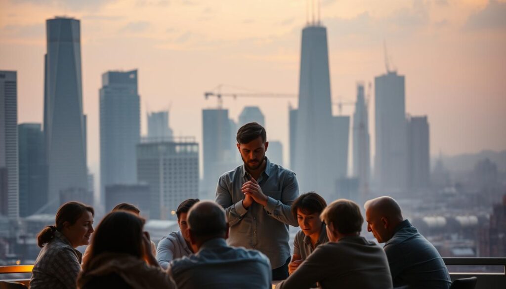 A bustling city skyline at dusk, with towering glass skyscrapers and cranes dotting the horizon. In the foreground, a group of people gathered around a table, deep in discussion. Their expressions convey a sense of contemplation and concern. The lighting is warm and golden, casting a thoughtful glow over the scene. In the middle ground, a lone engineer stands, hands clasped, observing the group, their face partially obscured by shadow. The background is hazy, with a subtle hint of industrial infrastructure, suggesting the broader context of engineering and its ethical implications.