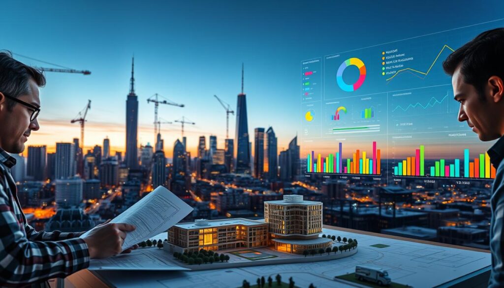 A bustling city skyline at dusk, with towering skyscrapers and cranes dotting the horizon. In the foreground, a team of urban engineers pore over blueprints and schematics, their faces illuminated by the warm glow of computer screens. The middle ground features a scale model of a new development, with intricate details and precise measurements visible. In the background, a series of colorful graphs and charts showcase key performance indicators, illustrating the tangible progress and impact of the urban engineering project. The scene is captured with a wide-angle lens, creating a sense of depth and emphasizing the collaborative, data-driven nature of modern urban engineering.