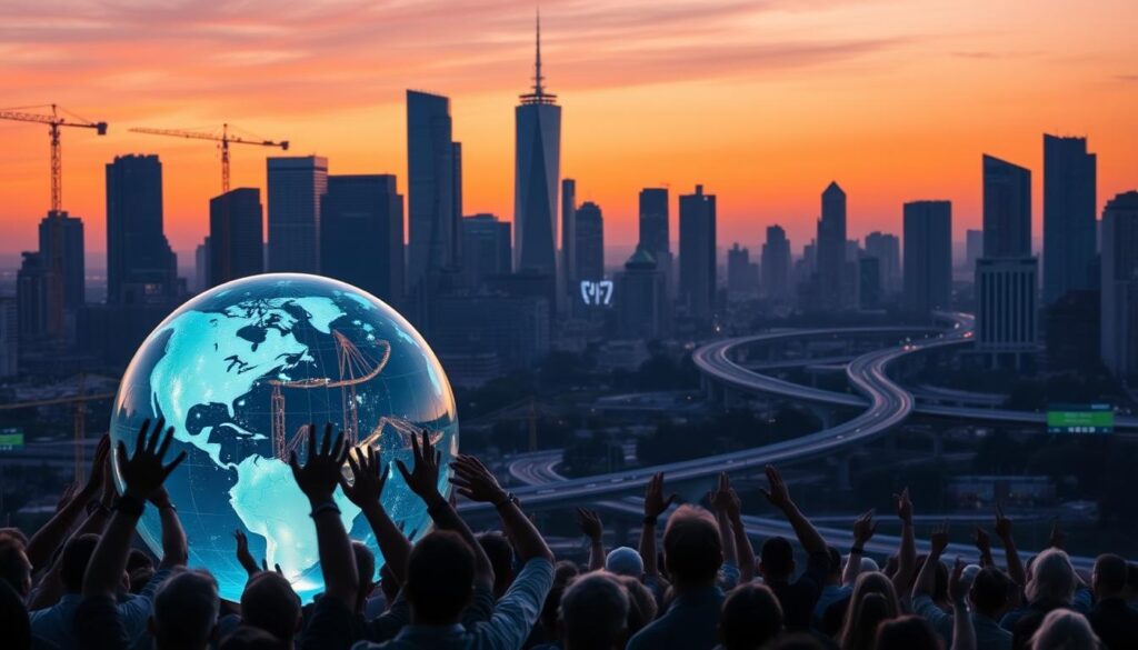 A bustling city skyline at dusk, with towering skyscrapers and cranes silhouetted against an orange-pink sky. In the foreground, a crowd of people gathered around a large, transparent glass globe, hands raised in excitement as they pledge their financial support. The globe is illuminated from within, representing the collective power of crowdfunded infrastructure initiatives. In the middle ground, a winding network of roads and bridges, symbolizing the interconnectedness of the city's transportation system. The scene conveys a sense of civic engagement, technological innovation, and the potential for community-driven solutions to transform urban landscapes.