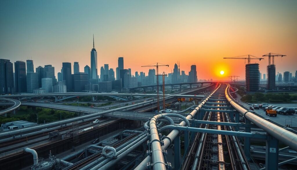 A bustling city skyline at dusk, with towering skyscrapers and criss-crossing highways. In the foreground, a network of pipes, cables, and infrastructure elements, meticulously maintained by a team of engineers. The middle ground features construction sites and heavy machinery, symbolic of ongoing development and modernization. In the background, a glowing sunset casts a warm, contemplative tone, hinting at the progress and innovation that infrastructure management enables. The scene is captured through a wide-angle lens, emphasizing the scale and complexity of integrated infrastructure projects.