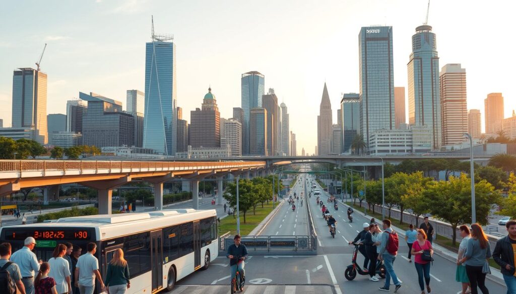 A bustling city skyline at golden hour, with gleaming skyscrapers and a network of elevated light rail tracks weaving through the urban landscape. In the foreground, people of diverse backgrounds board sleek, eco-friendly buses and electric scooters, representing equitable access to modern transportation solutions. The middle ground features pedestrian-friendly plazas, bike lanes, and tree-lined streets, creating a harmonious blend of infrastructure that prioritizes sustainability and community connectivity. The background is illuminated by warm, diffused lighting, evoking a sense of progress and optimism for a more inclusive, accessible future.
