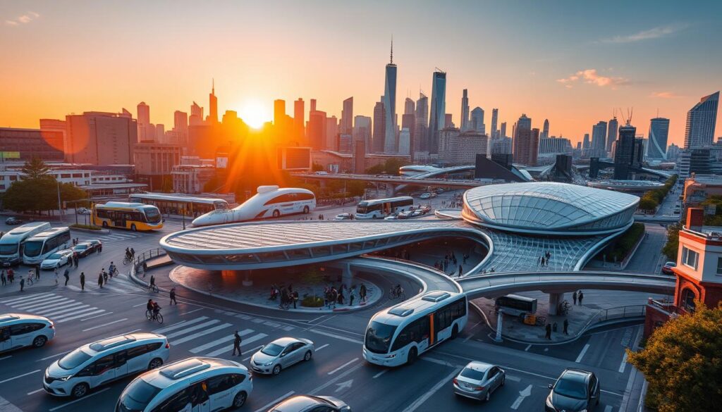 A bustling city skyline bathed in the warm glow of the setting sun. In the foreground, a network of autonomous vehicles seamlessly navigating through the streets, their sleek, futuristic designs blending with the urban landscape. In the middle ground, a sprawling multimodal transportation hub - bustling with activity as pedestrians, cyclists, and commuters efficiently interchange between modes. In the background, towering skyscrapers and modern architectural marvels, emblematic of a city that has embraced sustainable urban mobility planning. The scene conveys a harmonious integration of technology, infrastructure, and human-centric design, capturing the essence of a smart city where mobility is both intelligent and environmentally conscious.
