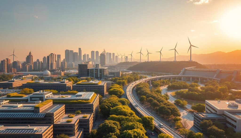 A bustling city skyline bathed in warm, golden sunlight, showcasing a harmonious blend of modern, sustainable infrastructure. In the foreground, a sprawling campus of energy-efficient, biophilic office buildings with solar panels and green roofs. In the middle ground, a network of electric public transit vehicles seamlessly navigating through tree-lined streets. In the background, towering wind turbines and a hydroelectric dam, harnessing renewable energy sources. The scene evokes a sense of progress and environmental responsibility, reflecting the successful implementation of sustainable civil engineering practices.