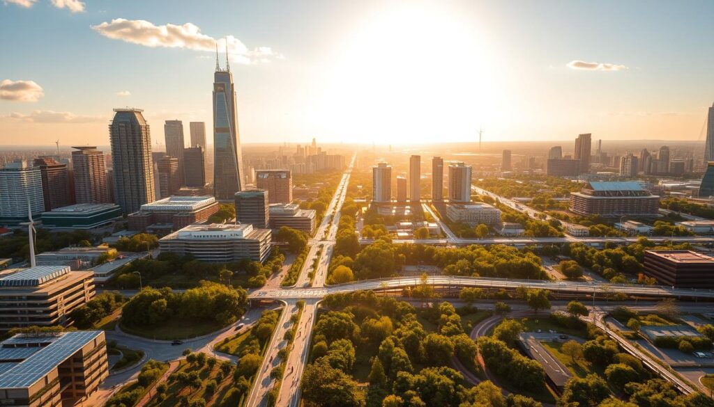A bustling city skyline bathed in warm, golden sunlight, showcasing a harmonious blend of modern, energy-efficient skyscrapers and lush, verdant public spaces. In the foreground, a network of pedestrian-friendly pathways and bike lanes weave through the urban landscape, connecting residential areas to commercial hubs and public transportation nodes. In the middle ground, solar panels and wind turbines dot the rooftops, harnessing renewable energy to power the city's infrastructure. In the background, a sprawling network of underground pipes and tunnels transports clean water and waste efficiently, minimizing environmental impact. The scene exudes a sense of balance, where sustainable design has been seamlessly integrated to create a thriving, prosperous community.