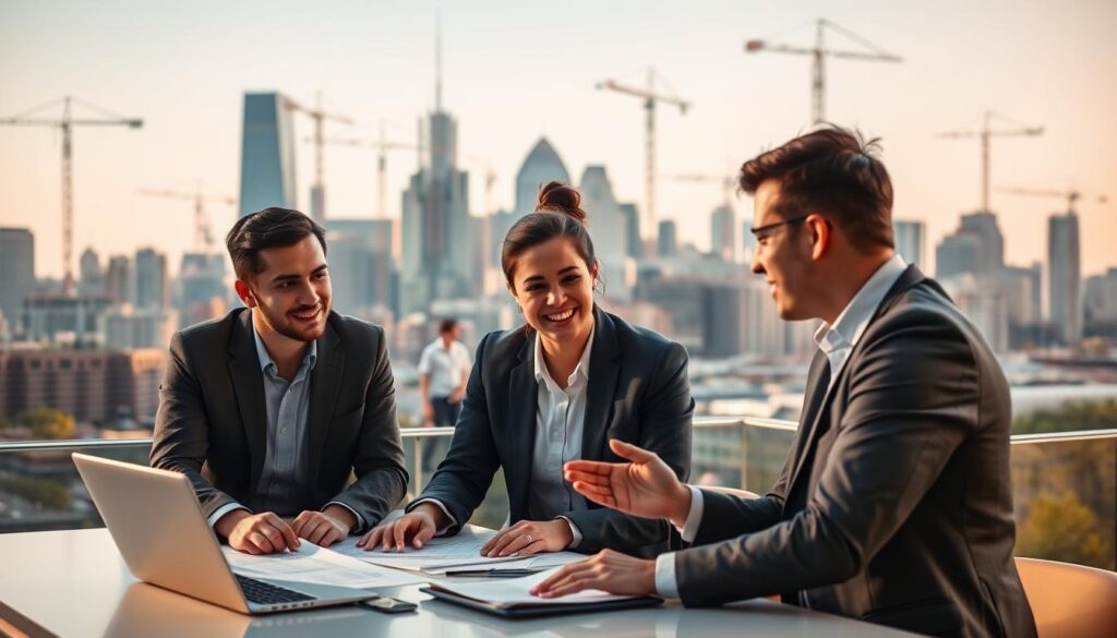 A bustling city skyline in the background, with modern skyscrapers and construction cranes dotting the horizon. In the foreground, a group of young professionals engaged in animated discussion, their body language conveying enthusiasm and collaboration. They are dressed in business attire, gathered around a table, laptops and documents spread out before them. Warm, natural lighting illuminates the scene, creating a sense of professionalism and camaraderie. The focus is on the interplay between the built environment and the people who shape it, highlighting the dynamic nature of civil engineering entry-level positions.