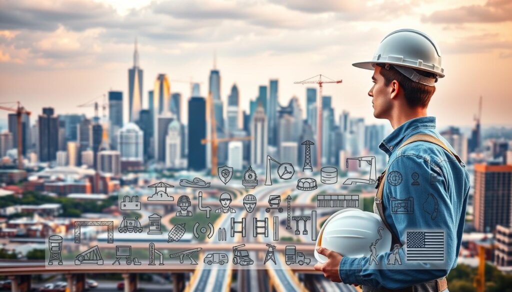 A bustling city skyline in the background, with towering skyscrapers and cranes dotting the horizon. In the middle ground, a diverse array of civil engineering professionals - from surveyors and structural designers to project managers and construction workers - collaborating on various infrastructure projects, such as bridges, highways, and public utilities. In the foreground, a young civil engineer, hardhat in hand, contemplates the numerous career paths before them, each represented by detailed icons and illustrations. Soft, warm lighting illuminates the scene, conveying a sense of opportunity and potential within the civil engineering field.