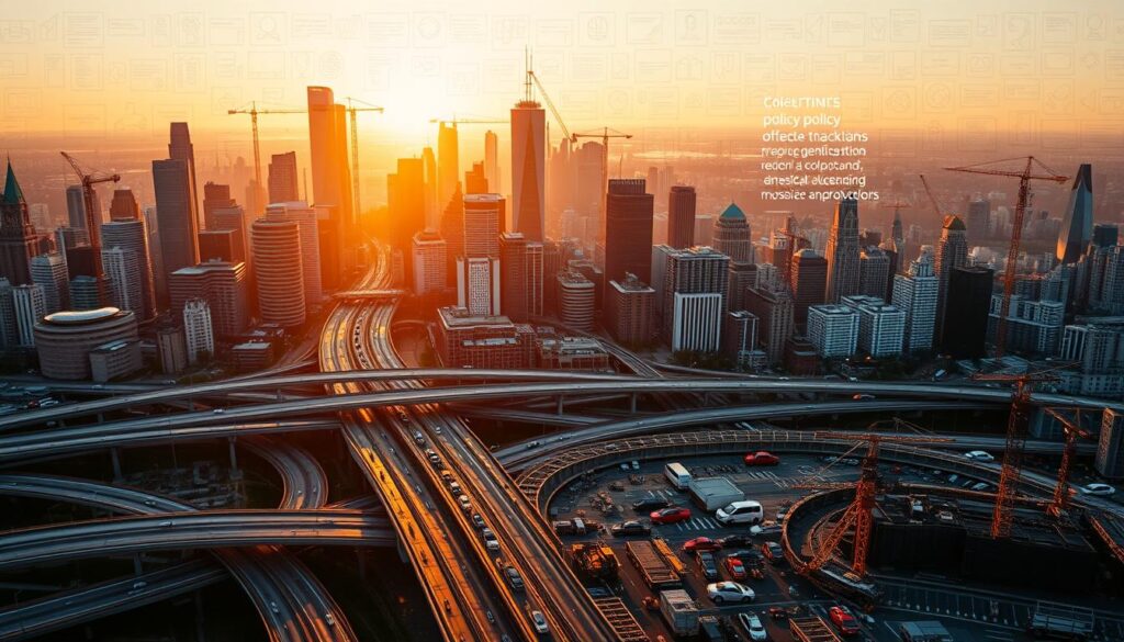 A bustling city skyline, its towering skyscrapers and cranes casting long shadows as the sun dips below the horizon. In the foreground, a network of roads and bridges, pulsing with the flow of traffic. In the middle ground, construction crews toil away, their machinery whirring as they lay the foundations for new buildings and infrastructure. The background is a patchwork of policy documents, legislation, and regulatory frameworks, their intricate web guiding the shaping of this urban landscape. The scene is bathed in a warm, golden light, conveying a sense of progress and the transformative power of public policy on infrastructure development.