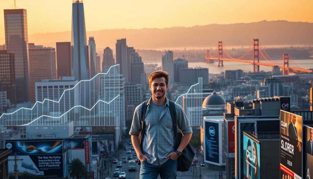 A bustling city skyline of towering glass and steel skyscrapers, bathed in the warm glow of a setting sun. In the foreground, a young software engineer in casual attire stands amidst a sea of holographic graphs and charts, showcasing the exponential growth of tech salaries in Silicon Valley. The middle ground features a lively street scene, with billboards advertising the latest cutting-edge tech companies and their lucrative job opportunities. In the background, a panoramic view of the San Francisco Bay, with the iconic Golden Gate Bridge in the distance, symbolizing the boundless potential for career advancement and financial success in this tech mecca.
