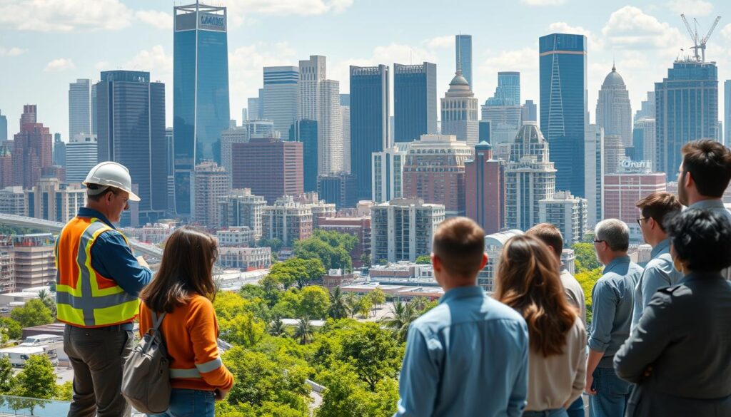 A bustling city skyline, with skyscrapers and modern architecture, serves as the backdrop. In the foreground, a diverse group of people are engaged in various disaster resilience practices. A team of engineers is inspecting the structural integrity of a building, while community members are learning about emergency preparedness and disaster response plans. In the middle ground, a team of urban planners is discussing green infrastructure solutions, such as flood-resilient landscaping and renewable energy systems. Bright, natural lighting illuminates the scene, conveying a sense of hope and optimism in the face of potential climate threats. The overall atmosphere is one of collaboration, innovation, and a shared commitment to building a more resilient future.