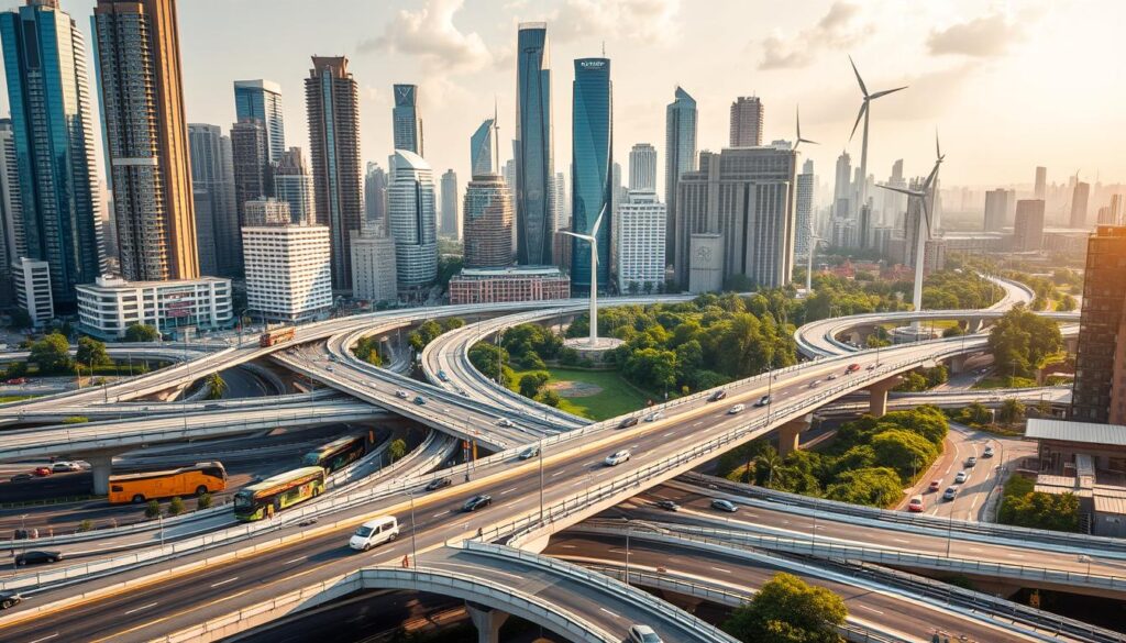 A bustling city skyline, with towering skyscrapers and a network of roads, bridges, and railways. In the foreground, a detailed intersection showcases the resilience of transportation infrastructure, with reinforced concrete structures and adaptive signaling systems. The midground features a diverse array of vehicles, from electric buses to autonomous cars, navigating the interconnected pathways seamlessly. In the background, lush greenery and renewable energy sources like wind turbines and solar panels hint at a sustainable, future-oriented design. The scene is bathed in warm, golden light, conveying a sense of optimism and progress. The overall composition emphasizes the delicate balance between cost-effective solutions and the robustness needed to withstand environmental and technological challenges.