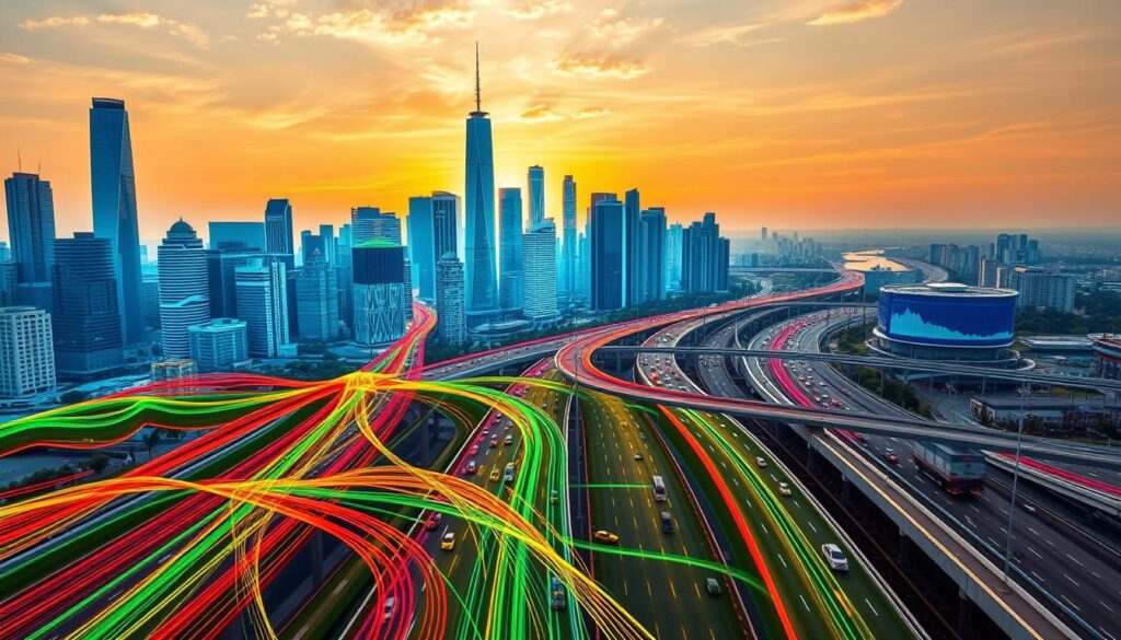 A bustling city skyline with towering skyscrapers and busy highways, illuminated by the warm glow of a sunset. In the foreground, a 3D simulation model of traffic flows, represented by colorful lines and dynamic vehicle movements. The middle ground features a control room with data visualizations and analytics, showcasing the insights provided by the traffic simulation software. In the background, a scenic vista of the cityscape, suggesting the broader urban planning context. The scene conveys the benefits of traffic simulation, including improved infrastructure design, efficient traffic management, and data-driven decision-making.
