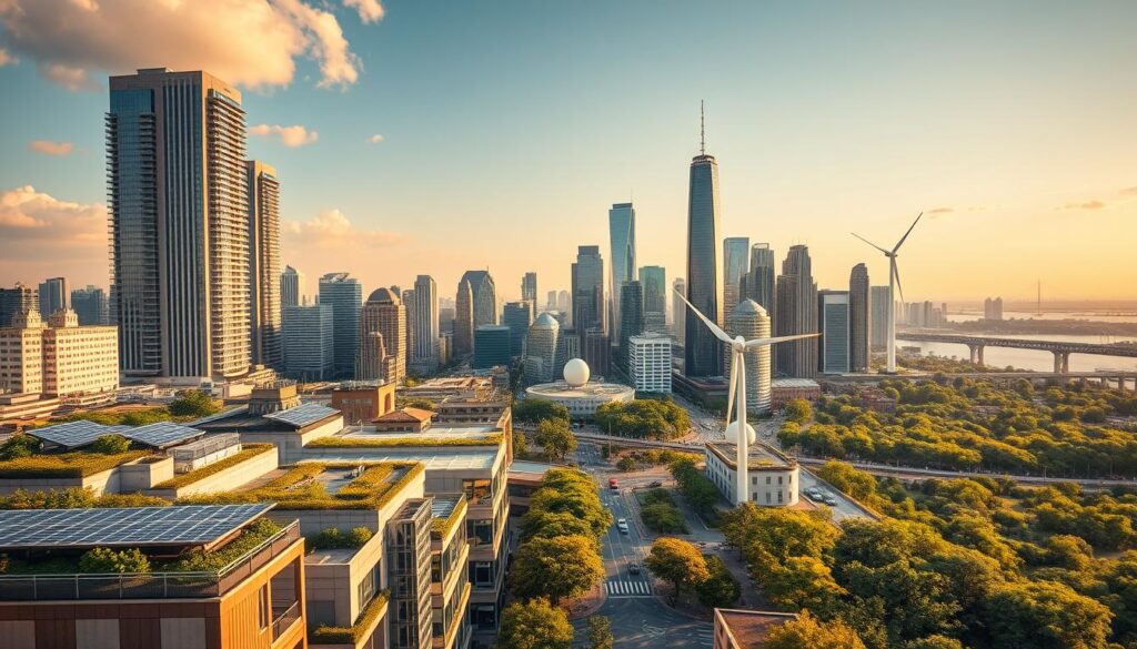A bustling city skyline, with towering skyscrapers and modern infrastructure. In the foreground, a series of innovative climate adaptation measures are showcased - rooftop gardens, solar panels, and wind turbines seamlessly integrated into the urban landscape. The middle ground features electric vehicles and pedestrian-friendly streets, while the background depicts lush greenery and bodies of water, indicating a harmonious blend of natural and built environments. The scene is bathed in warm, golden light, casting a hopeful and prosperous atmosphere, conveying the successful implementation of resilient urban planning strategies to combat the effects of climate change.