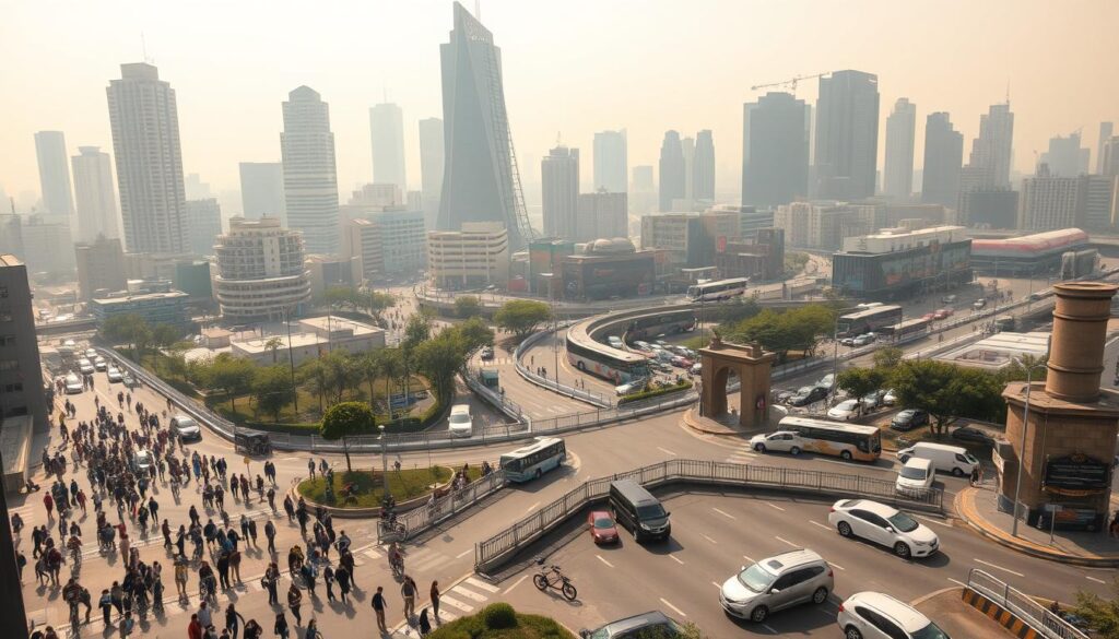 A bustling city skyline with towering skyscrapers, gridlocked traffic, and a maze of congested streets. In the foreground, pedestrians and cyclists struggle to navigate through the chaos, facing barriers and obstacles that hinder their mobility. The middle ground features a complex intersection with cars, buses, and public transportation vehicles competing for right-of-way, creating a challenging environment for efficient flow. The background is shrouded in a hazy, smog-filled atmosphere, highlighting the environmental impact of the urban transportation system. Dramatic, high-contrast lighting casts long shadows, emphasizing the scale and complexity of the challenges facing urban mobility planners.