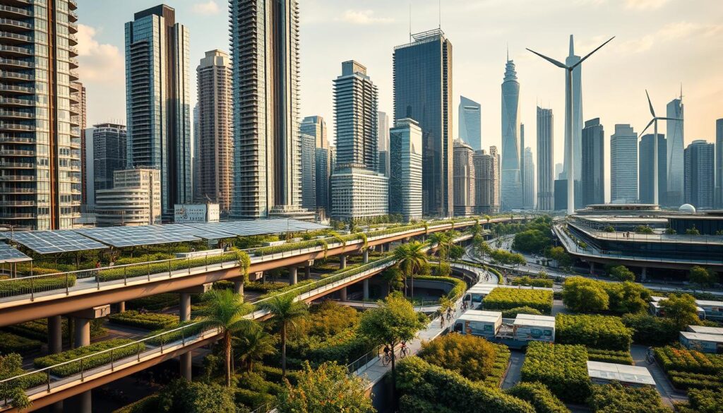 A bustling city skyline with towering skyscrapers, their facades adorned with solar panels and wind turbines. In the foreground, a network of elevated walkways and bike lanes, facilitating eco-friendly transportation. Lush greenery and thriving urban gardens dot the landscape, providing sustainable food sources. The scene is bathed in a warm, golden light, capturing the harmonious integration of nature and technology. Sleek, modern architecture blends seamlessly with renewable energy infrastructure, creating a vision of a sustainable, resilient urban future.