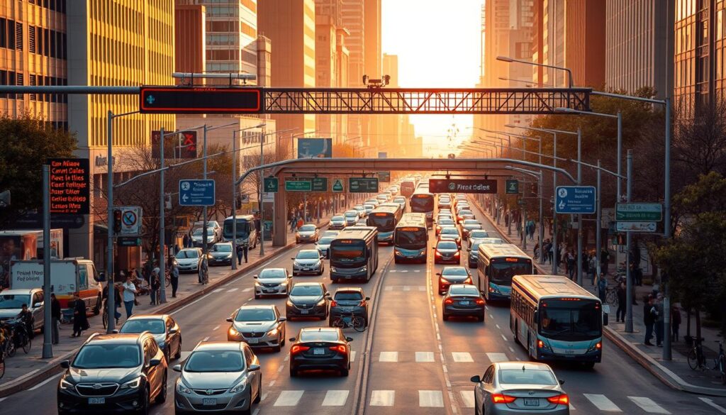 A bustling city street at rush hour, with cars, buses, and pedestrians navigating the intricate flow of traffic. In the foreground, a traffic control system with digital signage and synchronized traffic lights guide the vehicles, while in the middle ground, a network of bike lanes and pedestrian crossings promote multimodal transportation. In the background, a series of overhead gantries and surveillance cameras monitor the traffic patterns, feeding data to a central command center that coordinates real-time adjustments to optimize the flow. The scene is illuminated by a warm, golden light, conveying a sense of efficiency and order amidst the chaos of the urban environment.