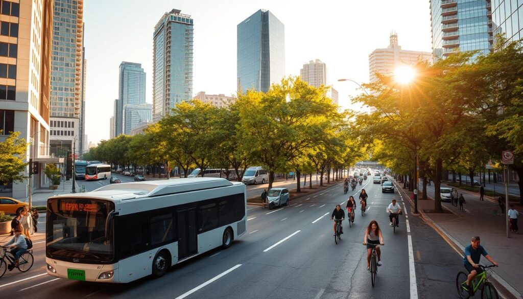 A bustling city street, bathed in warm afternoon sunlight. In the foreground, a sleek electric bus glides smoothly along dedicated lanes, its passengers comfortably seated. Bicyclists and pedestrians share the road, weaving between neatly organized rows of hybrid and electric vehicles. Towering skyscrapers and lush, verdant trees frame the scene, creating a sense of urban modernity and environmental harmony. The air is clear, and the atmosphere conveys a vision of sustainable, efficient transportation that reduces congestion and emissions, enhancing the livability of the city.