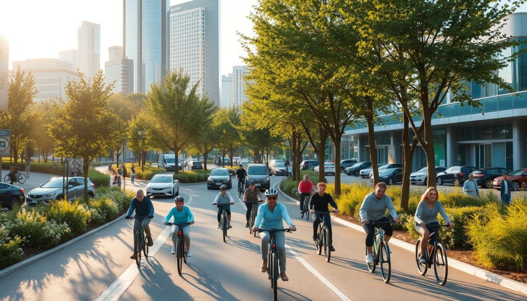 A bustling city street flooded with an array of sustainable transportation modes - electric vehicles, bicycles, and pedestrians navigating harmoniously. The scene is bathed in warm, golden sunlight, casting long shadows and highlighting the sleek, modern architecture in the background. In the foreground, a dedicated bike lane winds through the urban landscape, with cyclists of all ages enjoying the clean, eco-friendly commute. Towering green trees and lush landscaping border the scene, creating a sense of balance between the built environment and nature. The overall atmosphere conveys a vision of a thriving, sustainable city where transportation is efficient, accessible, and environmentally conscious.