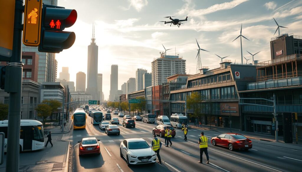 A bustling city street intersection, viewed from an elevated angle. In the foreground, a traffic light system with dynamic LED displays guides the flow of various vehicles - sleek electric cars, autonomous shuttles, and cargo drones. In the middle ground, engineers in high-visibility vests oversee the monitoring and adjustment of the traffic network from a mobile command center. The background features a mix of modern skyscrapers and repurposed industrial buildings, with rooftop solar panels and wind turbines hinting at sustainable urban infrastructure. Soft afternoon light filters through wispy clouds, casting long shadows and warm tones across the scene. The overall atmosphere conveys the dynamic interplay of technology, planning, and design in the field of transportation engineering.